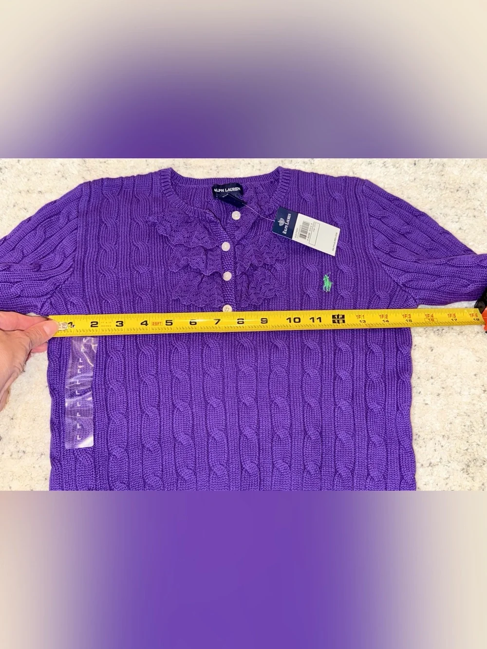 Ralph Lauren Girls Cable Knit Sweater Purple Lace Henley Pony Logo large L 12-14